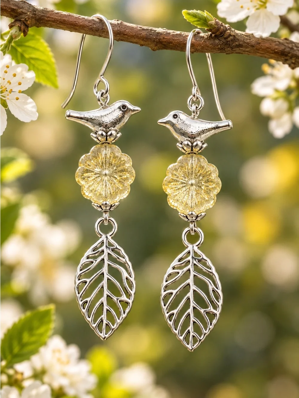 Bird & Leaf Dangle Earrings, Flower Glass, Silver Tone, Artisan Handmade